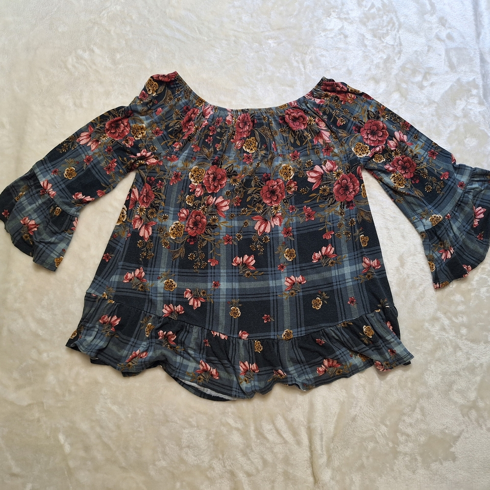Mixed Media Off The Shoulder Peasant Blouse Sz M Bell Sleeve Boho Top Ruffle Hem